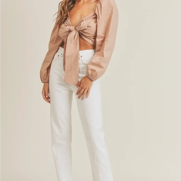 NEW Mable Angel Front Ribbon Self Tie Long sleeve puff shoulder crop top Size M - Picture 2 of 11